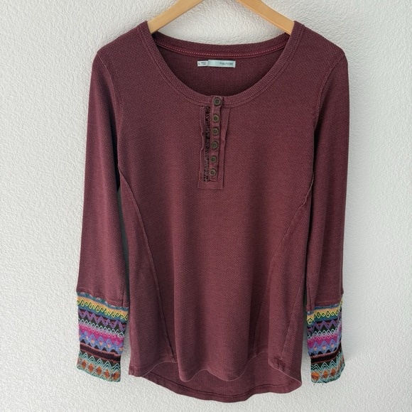 Maurices Thermal Waffle Fair Isle Henley Large Womens Maroon Ski Velvet - Picture 1 of 6